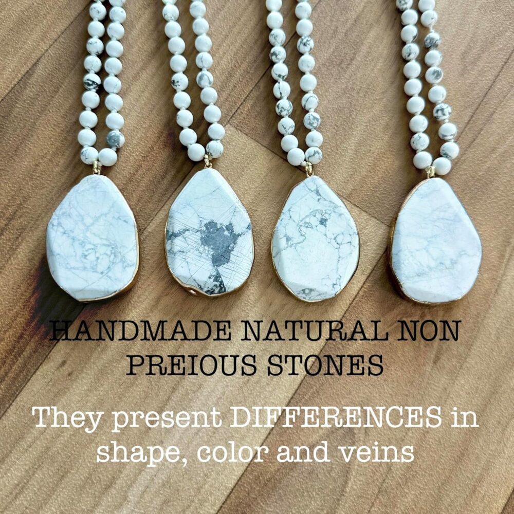 Long Genuine Stone beads and Pendant Necklace for Woman. Hand Knotted natural stone beads with big non-precious stone statement necklace. HANDMADE Boho (White) - Image 6