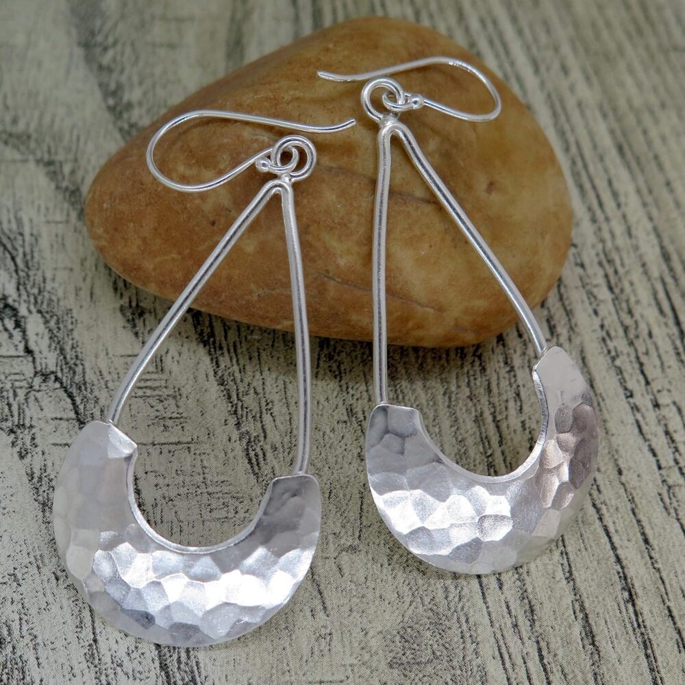 Sterling Silver Long Hammered Crescent Boho Statement Dangle Earrings, Handmade Shinny Half Moon Shape Plate Bohemian Drop Earrings - Image 5