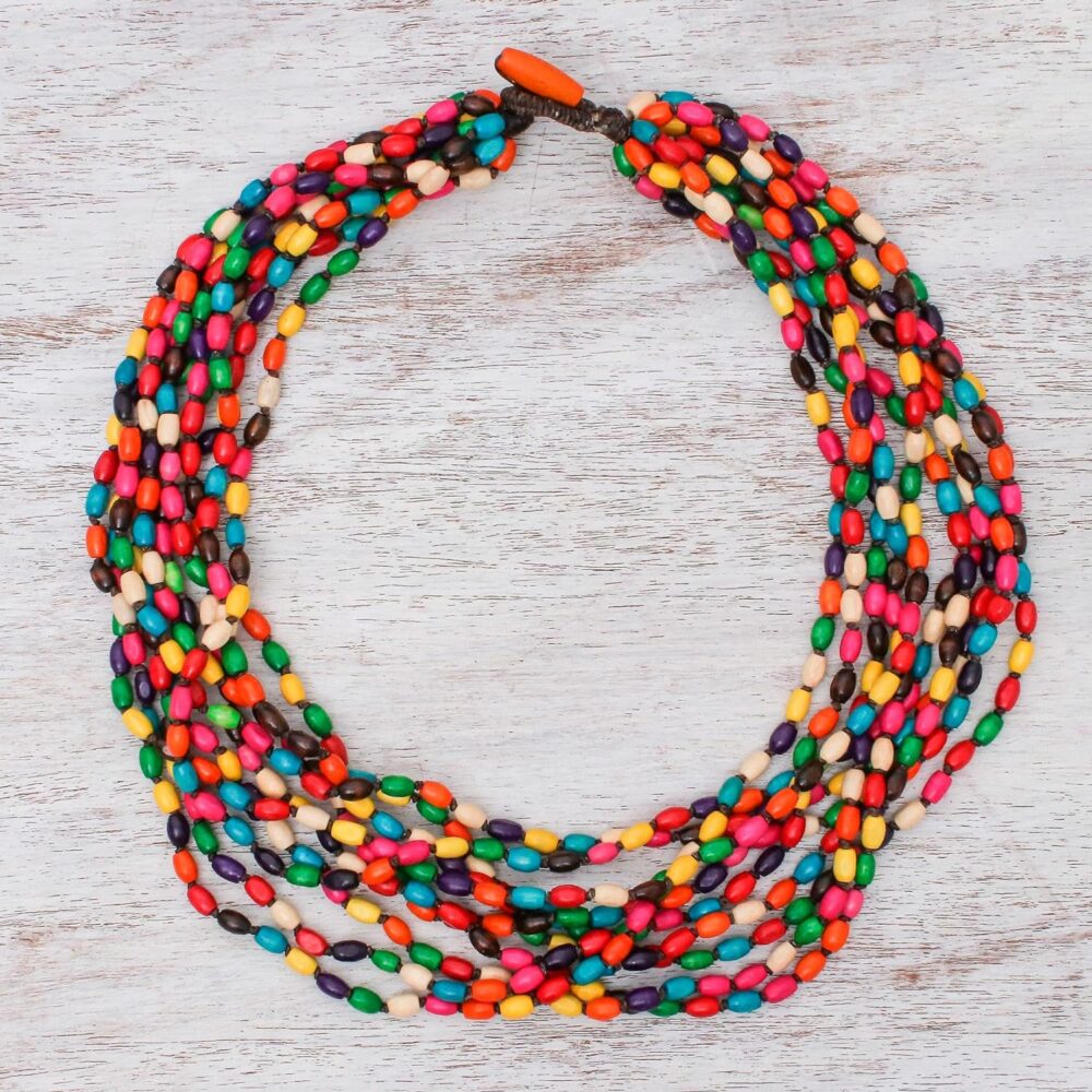 Handknotted Wood Torsade Necklace: Multicolor Beaded Jewelry, Stone Upcycled Thailand - Image 4