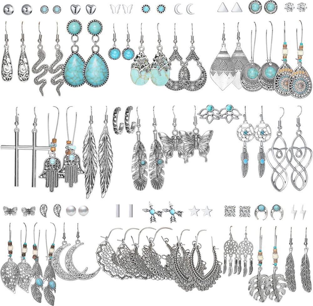 45 Pairs Bohemian Silver Drop Dangle Earrings Set for Women/Girl, Hypoallergenic Fashion Vintage Bronze Waterdrop Dangling Earrings Jewelry for Birthday/Christmas Gift