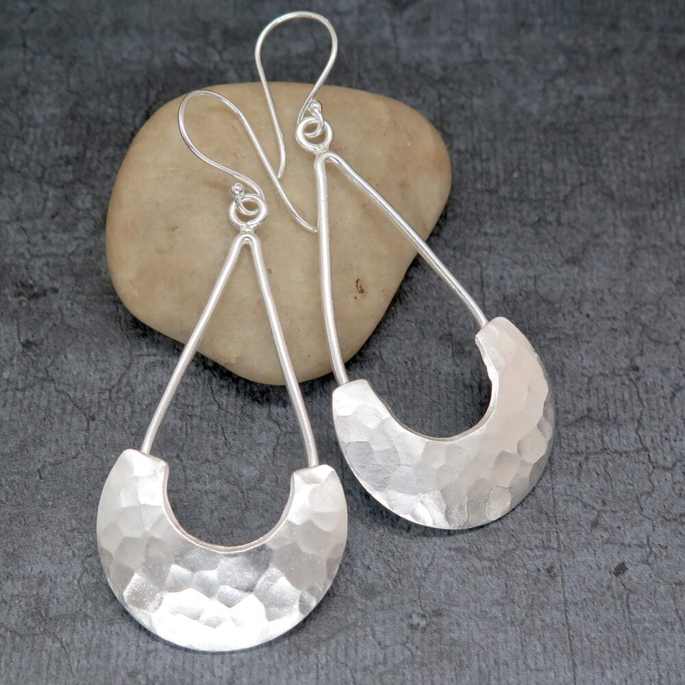 Sterling Silver Long Hammered Crescent Boho Statement Dangle Earrings, Handmade Shinny Half Moon Shape Plate Bohemian Drop Earrings - Image 4