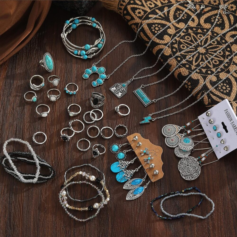 IFKM 47 PCS Silver Bohemian Jewelry Set With 4pcs Turquoise Necklace,12 pairs Dangle Earrings, 11pcs Stackable Bangle Bracelets, 20pcs Knuckle Rings For Women Girls Vintage Western Boho Turquoise - Image 3