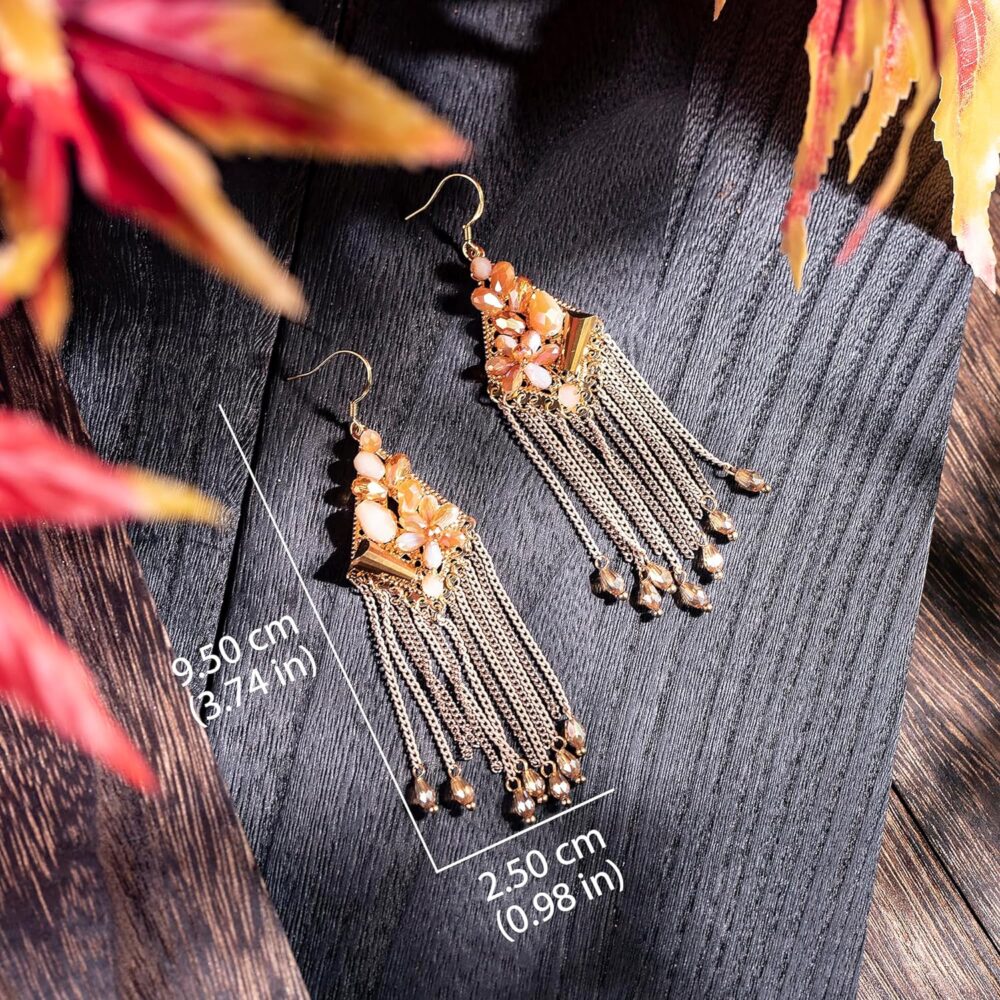 Boho Tassel Drop Dangle Earrings for Women Rhombus Shape Golden Beaded Ethnic Crystal with Bohemian Retro Vintage Flower Handmade Jewelry - Image 5