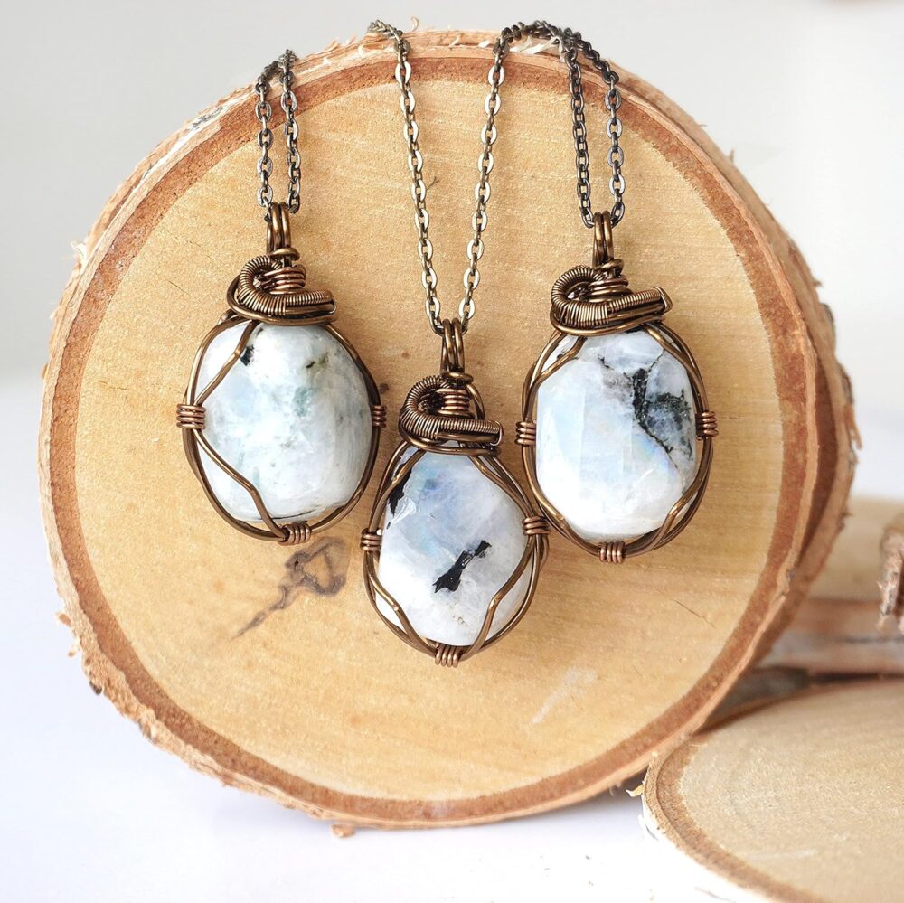 Handmade Rainbow Moonstone Necklace 24 Inch Chain Antique Bronze, June Birthstone - Image 4