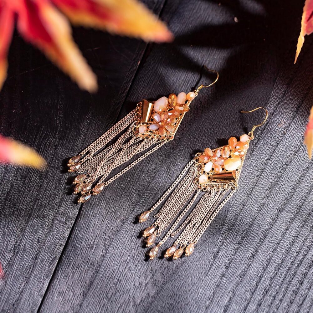 Boho Tassel Drop Dangle Earrings for Women Rhombus Shape Golden Beaded Ethnic Crystal with Bohemian Retro Vintage Flower Handmade Jewelry - Image 4