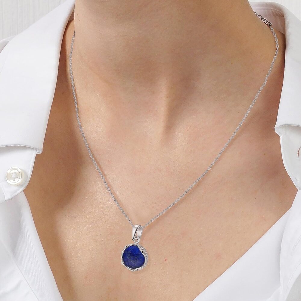 925 Sterling Silver Lapis Lazuli Necklace - Dainty 12mm Deep Dark Blue Genuine Lapis Lazuli Pendant, Real Natural Gemstone, Delicate Ornamented Handmade Vintage Statement Jewelry for Classy Women - Image 3