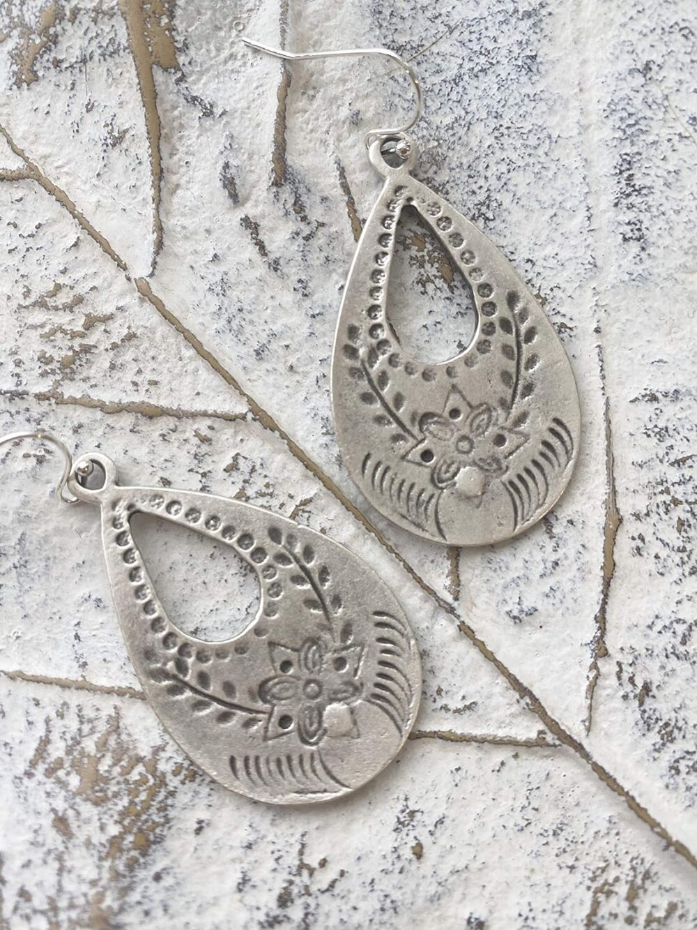 Antique Silver Floral Stamp Teardrop on Sterling Silver Earrings Boho Women Handmade Sundance Dreams Designs - Image 3