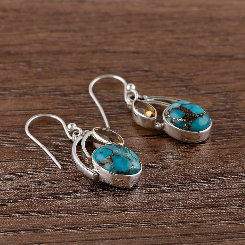 925 Sterling Silver Earring Genuine Turquoise & Citrine Gemstone Earrings Filigree Dangle Earrings Women Bohemian Handmade Jewelry Birthstone Elegant Minimalist Bridal Earring Christmas Gift - Image 2