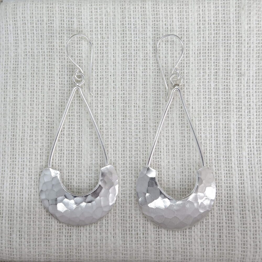 Sterling Silver Long Hammered Crescent Boho Statement Dangle Earrings, Handmade Shinny Half Moon Shape Plate Bohemian Drop Earrings - Image 3