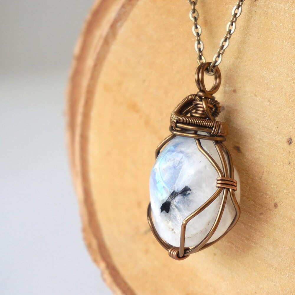 Handmade Rainbow Moonstone Necklace 24 Inch Chain Antique Bronze, June Birthstone - Image 8