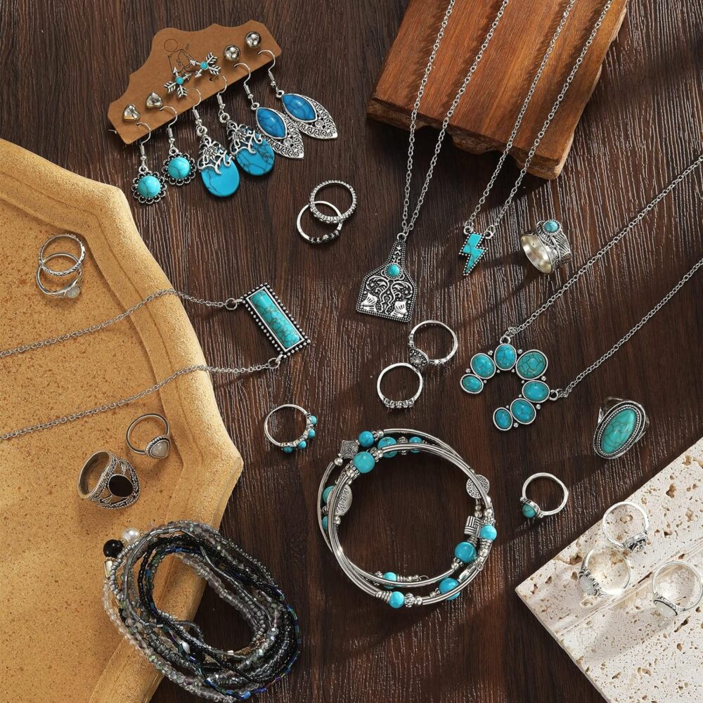 IFKM 47 PCS Silver Bohemian Jewelry Set With 4pcs Turquoise Necklace,12 pairs Dangle Earrings, 11pcs Stackable Bangle Bracelets, 20pcs Knuckle Rings For Women Girls Vintage Western Boho Turquoise - Image 9