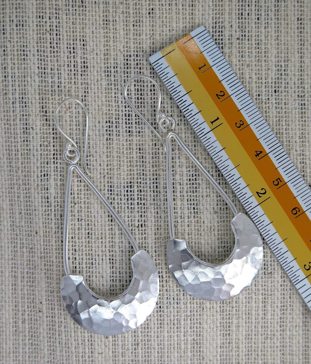 Sterling Silver Long Hammered Crescent Boho Statement Dangle Earrings, Handmade Shinny Half Moon Shape Plate Bohemian Drop Earrings - Image 8