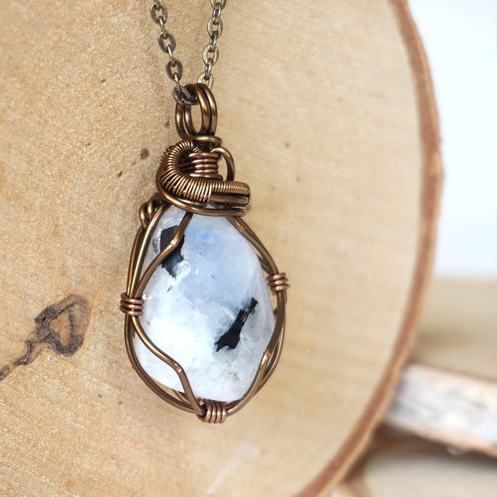 Handmade Rainbow Moonstone Necklace 24 Inch Chain Antique Bronze, June Birthstone - Image 7