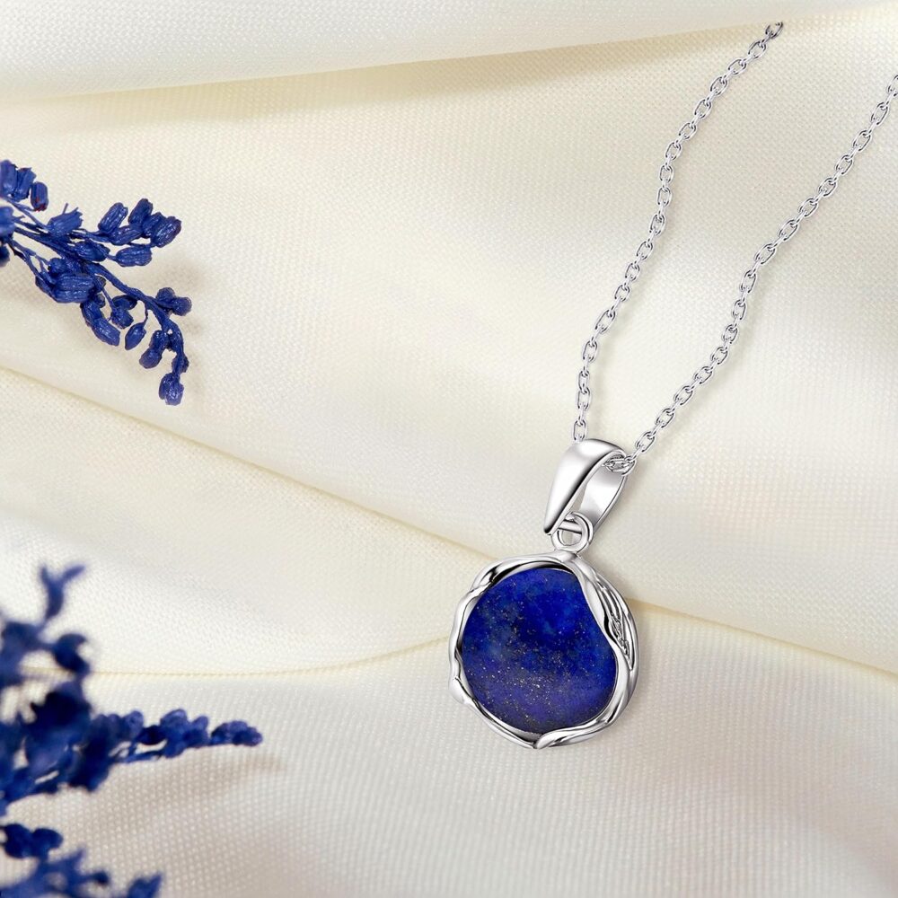 925 Sterling Silver Lapis Lazuli Necklace - Dainty 12mm Deep Dark Blue Genuine Lapis Lazuli Pendant, Real Natural Gemstone, Delicate Ornamented Handmade Vintage Statement Jewelry for Classy Women - Image 5