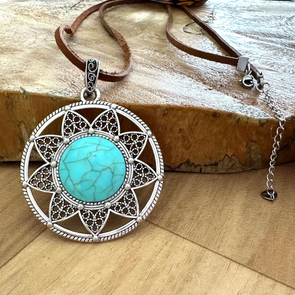 Long Leather Necklace for women. Brown Pu leather necklace with faux turquoise pendant. Light large Statement. Vintage necklace. Bohemian Handmade Jewelry BALOOLA (Sunflower) - Image 4