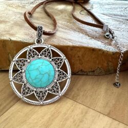 Long Leather Necklace for women. Brown Pu leather necklace with faux turquoise pendant. Light large Statement. Vintage necklace. Bohemian Handmade Jewelry BALOOLA (Sunflower) - Image 4