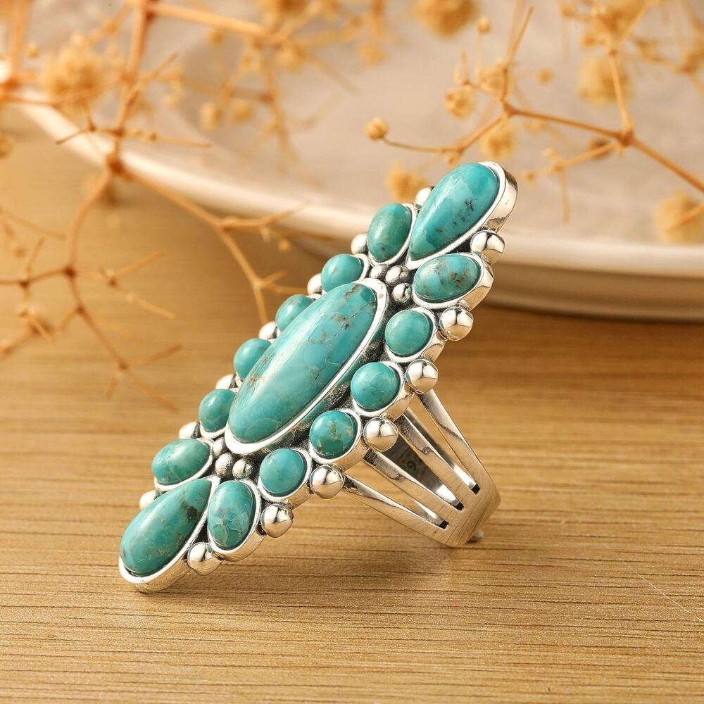 Phyonio 925 Sterling Silver Turquoise/Spiny Turquoise/Teal Turquoise Ring for Women Black Oxidized Silver Statement Rings for Valentine Day Bohemian Flower Ring Size 6-9 - Image 2