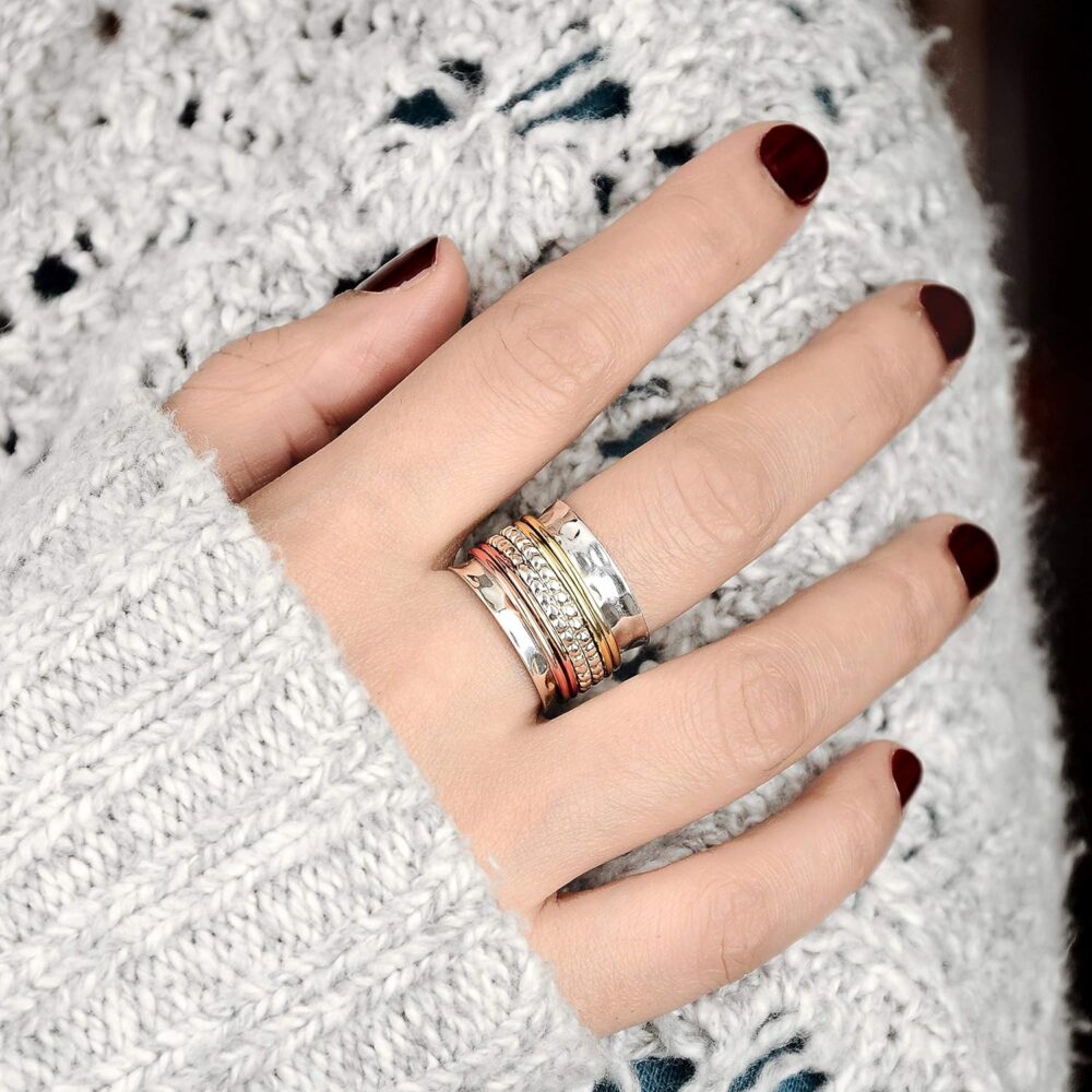 Boho-Magic 925 Sterling Silver Spinner Ring with Brass and Copper Fidget Rings for Women Wide Band - Image 6