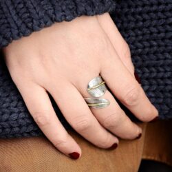 Boho-Magic 925 Sterling Silver and Brass Leaf Adjustable Ring for Women, Cool Plain Simple Open Wrap Feather Ring Size 7-10 - Image 3