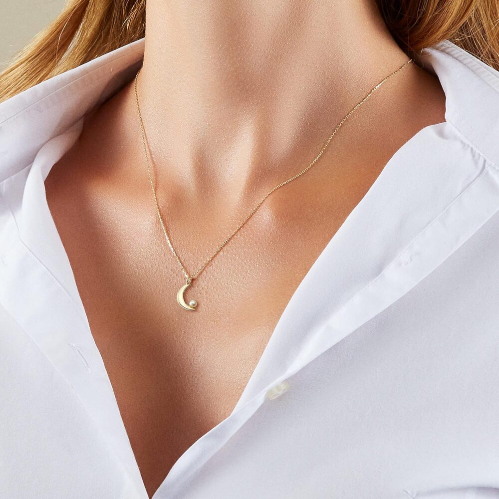 14K Real Gold Necklace For Women - Gift For Wife Girlfriend Mom - Real Pearl Necklace - Moon Heart Charm - Image 5