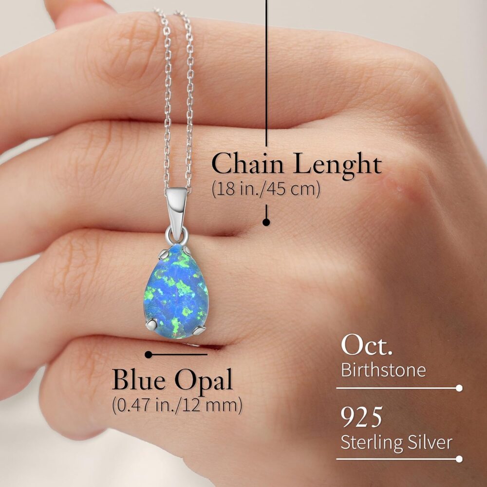 925 Sterling Silver Blue Opal Necklace - Dainty Teardrop Pendant, 7x10mm October Birthstone Opal Gemstone - Handmade Bridal Wedding Jewelry for Brides and Classy Women - Image 7