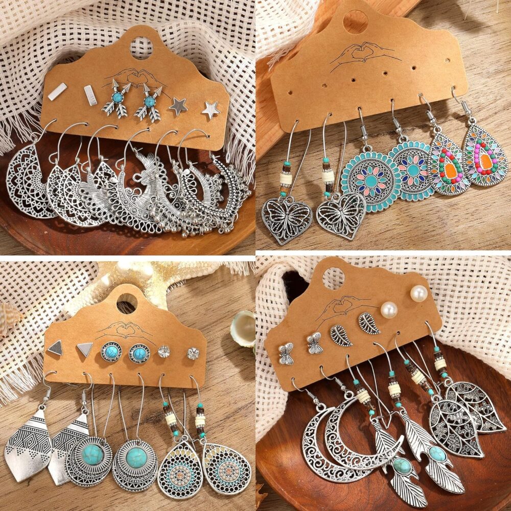 45 Pairs Fashion Hollow Drop Dangle Earrings Set for Women Girls Bohemian National Style Eardrop with Bronze Waterdrop Leaf Feather Shaped Vintage Jewelry for Gifts - Image 4