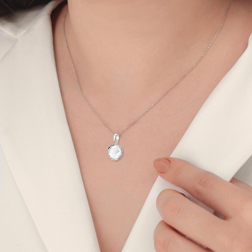 925 Sterling Silver Moonstone Necklace – 14mm White Iridescent Gemstone Pendant, June Birthstone Gift for Women - Image 3