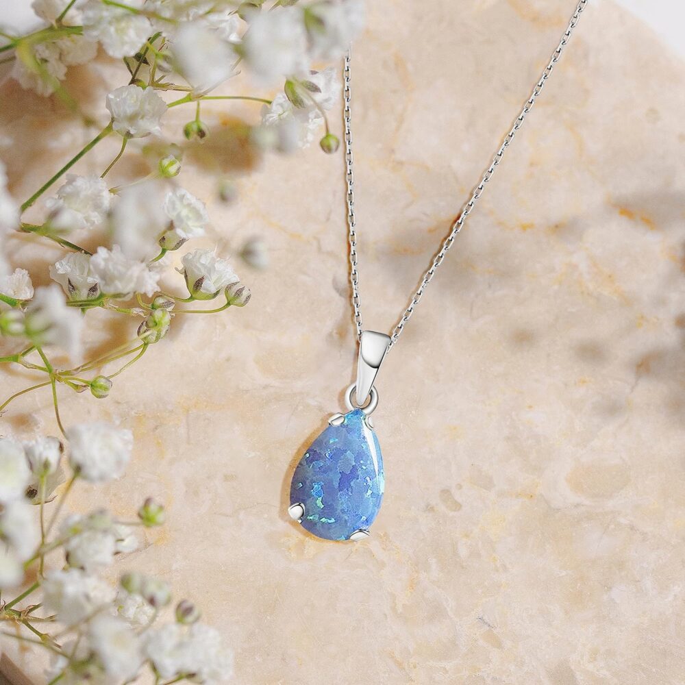 925 Sterling Silver Blue Opal Necklace - Dainty Teardrop Pendant, 7x10mm October Birthstone Opal Gemstone - Handmade Bridal Wedding Jewelry for Brides and Classy Women - Image 5