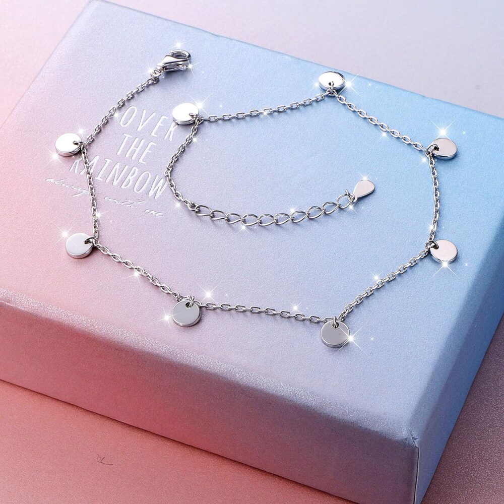 Anklet for Women Girl S925 Sterling Silver Adjustable Beach Style Foot Layered Ankle Bracelet Disc Evil Eye Heart Infinity Bead Cross Jewelry - Image 3