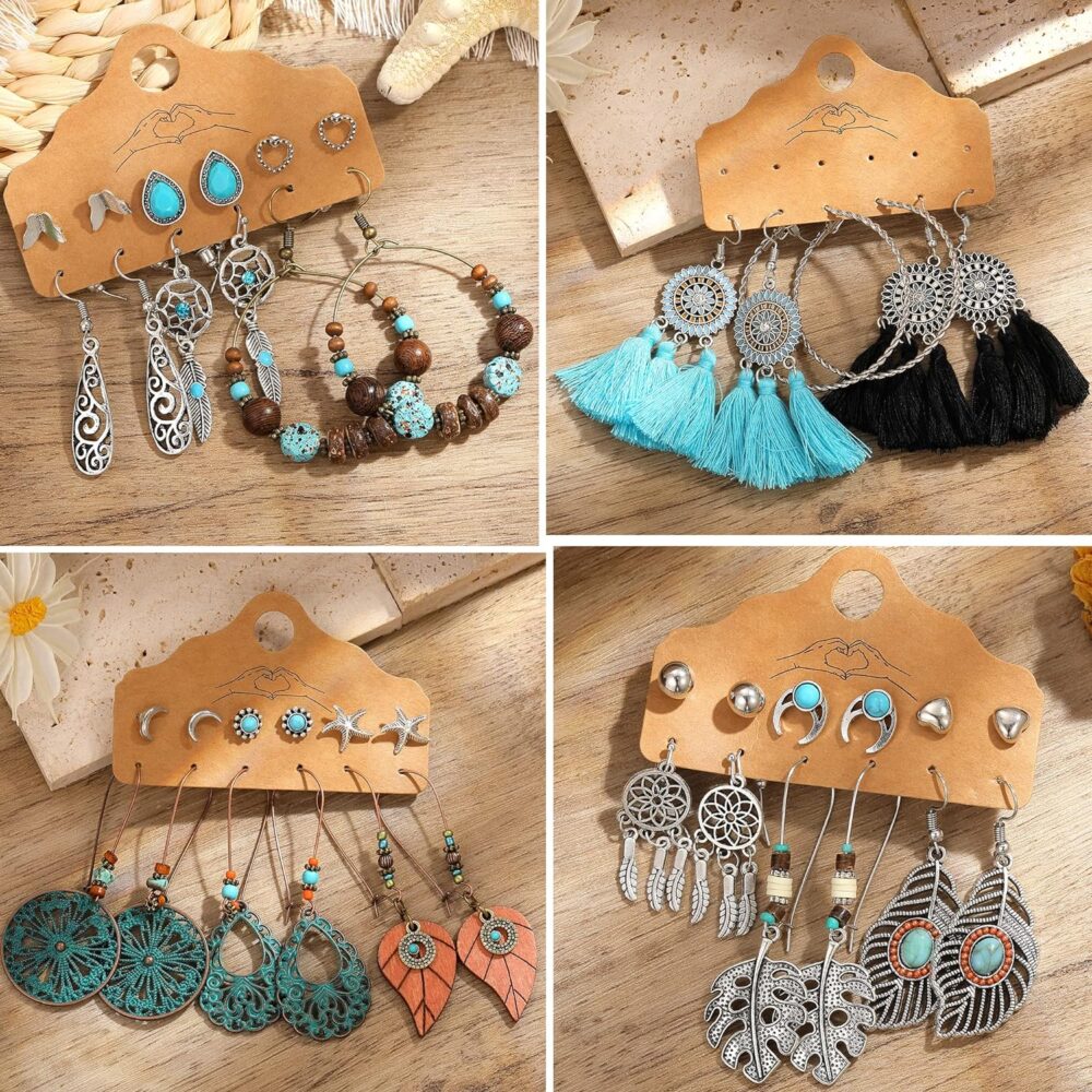 45 Pairs Fashion Hollow Drop Dangle Earrings Set for Women Girls Bohemian National Style Eardrop with Bronze Waterdrop Leaf Feather Shaped Vintage Jewelry for Gifts - Image 5