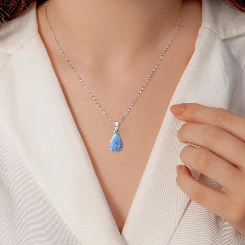 925 Sterling Silver Blue Opal Necklace - Dainty Teardrop Pendant, 7x10mm October Birthstone Opal Gemstone - Handmade Bridal Wedding Jewelry for Brides and Classy Women - Image 3