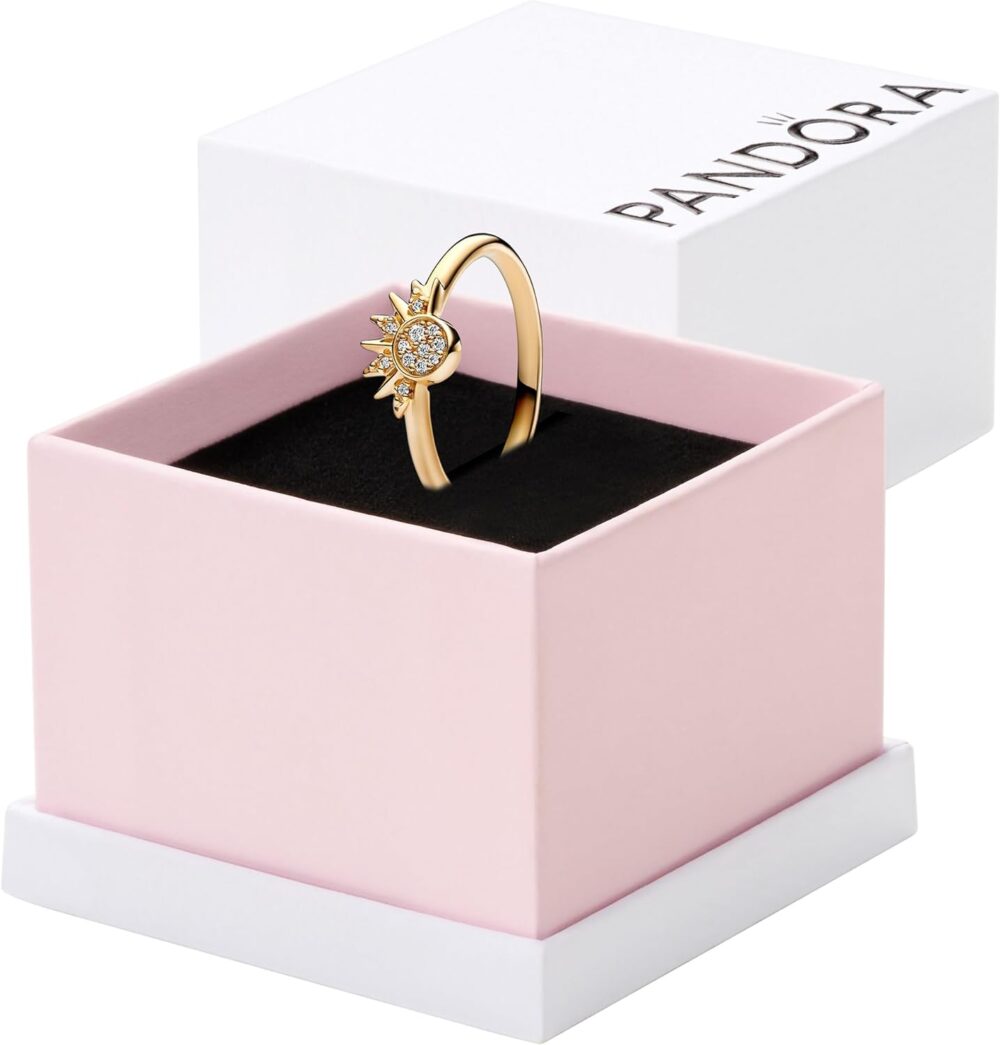 Pandora Celestial Sparkling Sun Ring - Gold-Plated Ring for Women - Layering or Stackable Ring - Gift for Her - 14k Gold with Clear Cubic Zirconia - With Gift Box