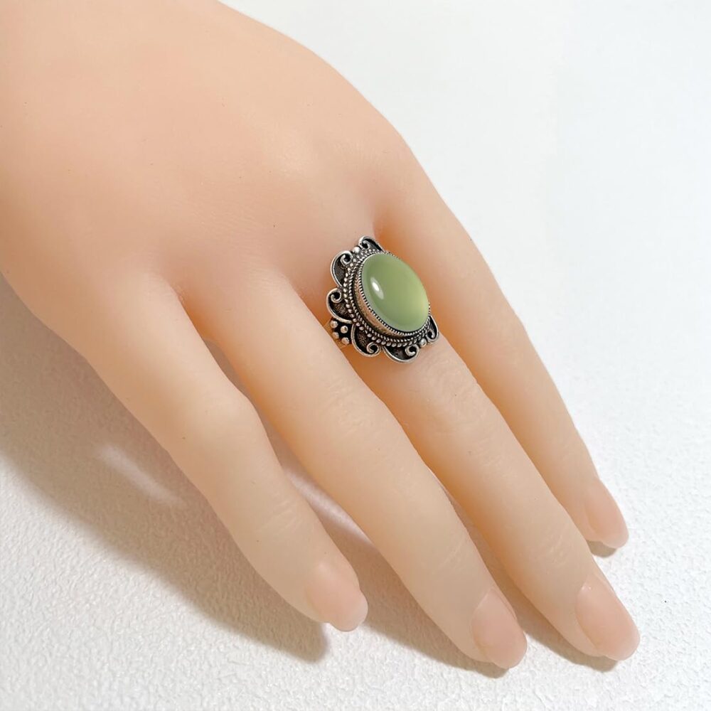 Natural Oval Olive Green Agate Stone Ring,Retro S925 Sterling Silver Real Genuine Crystal Quartz Gemstone Wide Chunky Boho Bohemian Statement Ring for Women Her (B_Olive Agate, 10) - Image 3