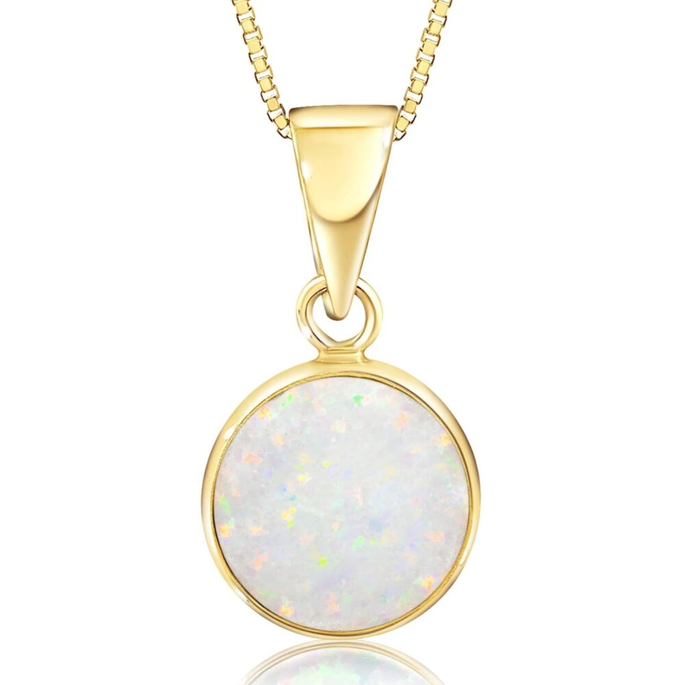 14K Gold White Opal Pendant - 14K Solid Yellow Gold Dainty Pendant with October Birthstone, Simple 8mm Size Round Opal Gemstone - Delicate Handmade Jewelry for Classy Women