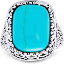 Personalize Southwest Boho Style 7-10 CTW Large Dome Rectangle Oval Gemstone Bezel Set Blue Turquoise Western Statement Ring For Women Filigree Scroll Band .925 Sterling Silver Customizable