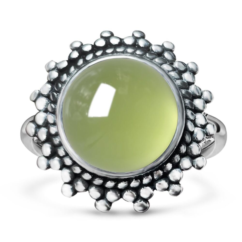 Retro Natural Olive Green Agate Jade Stone Ring,Antique Vintage S925 Sterling Silver Real Genuine Crystal Quartz Gemstone Boho Bohemian Statement Ring Jewelry for Women (A02_Olive Green Agate, 8)