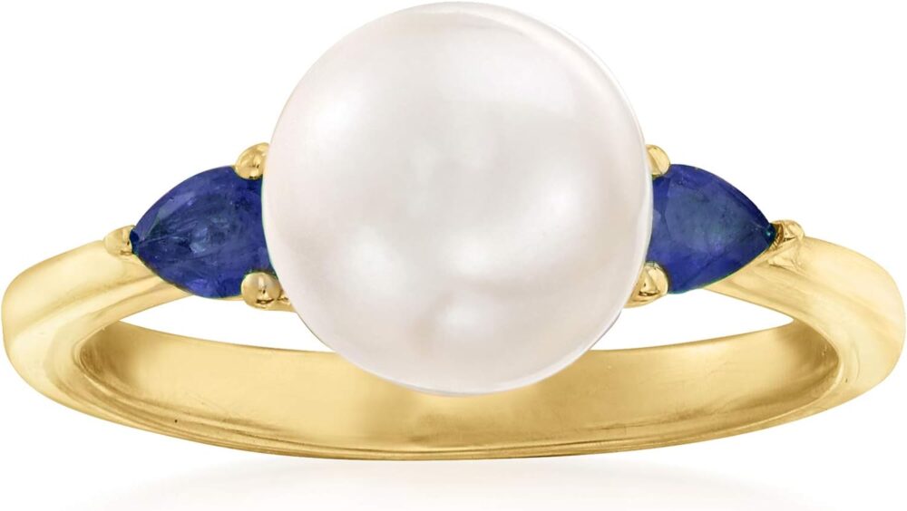 Ross-Simons 8mm Cultured Pearl and .30 ct. t.w. Sapphire Ring in 18kt Gold Over Sterling