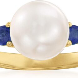 Ross-Simons 8mm Cultured Pearl and .30 ct. t.w. Sapphire Ring in 18kt Gold Over Sterling