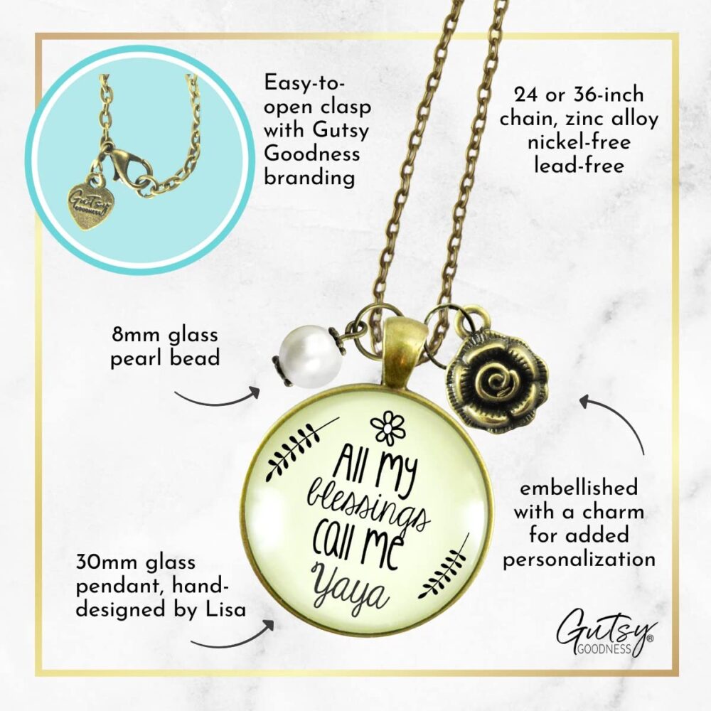 Yaya Necklace All My Blessings Greek Grandma Jewelry For Women From Grandchildren 24" Chain - Handmade Ya-Ya Theme Vintage Pendant, Bronze Rose Charm, Gift Packaged Grandmother Message Card & Box - Image 4