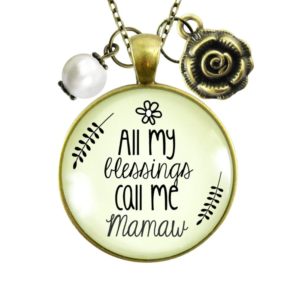 Mamaw Necklace All My Blessings Southern Grandma Jewelry For Women From Grandchildren 24" Chain - Handmade Family Theme Vintage Pendant, Bronze Rose Charm, Gift Packaged Grandmother Message Card & Box