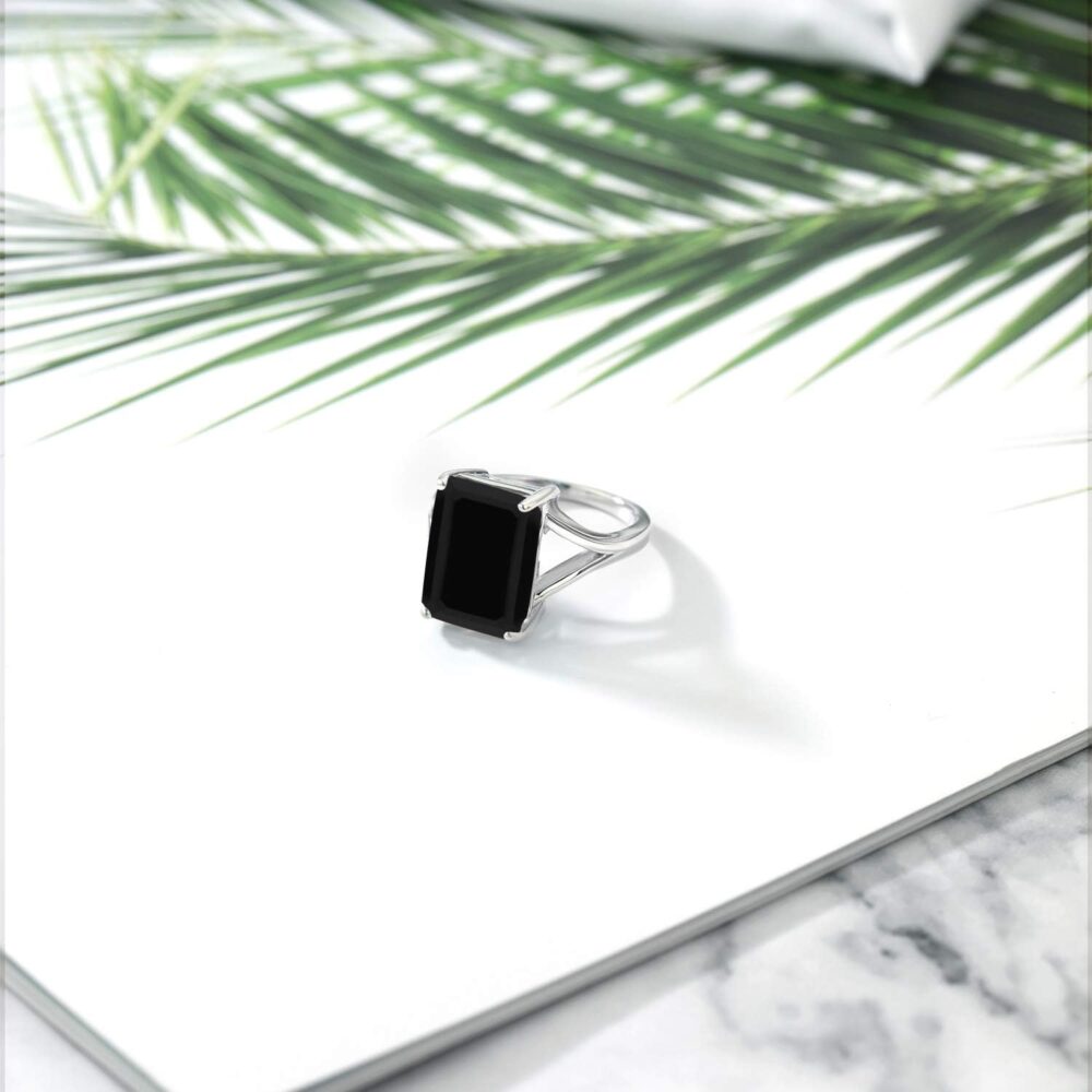 Gem Stone King 925 Sterling Silver Black Onyx Solitaire Ring For Women (6.60 Cttw, Emerald Cut 14X10MM, Gemstone Birthstone, Available In Size 5, 6, 7, 8, 9) - Image 5