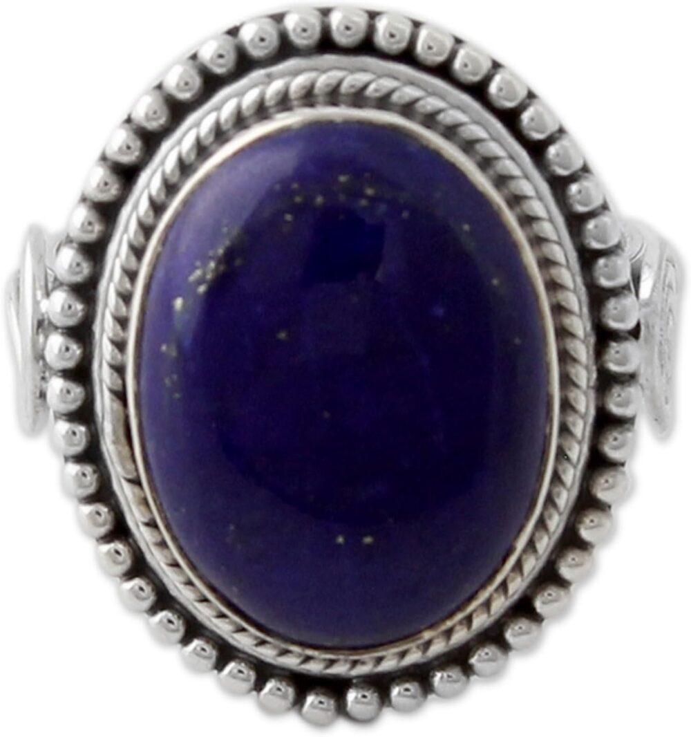 NOVICA Artisan Handmade Lapis Lazuli Cocktail Ring .925 Sterling Silver with from India Blue Single Stone Snorkel Riverside Birthstone 'Royal Blue Glow'