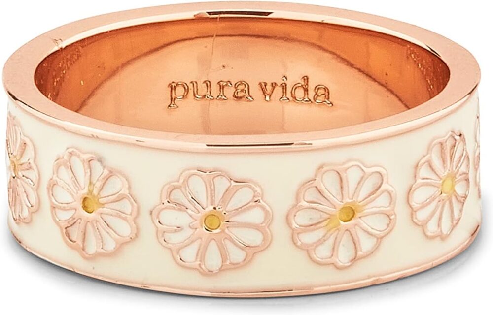 Pura Vida Rose Gold or Silver Plated Dreamy Daisy Ring - Brass Base, Stackable Band, Brand Stamp - Size 5-9