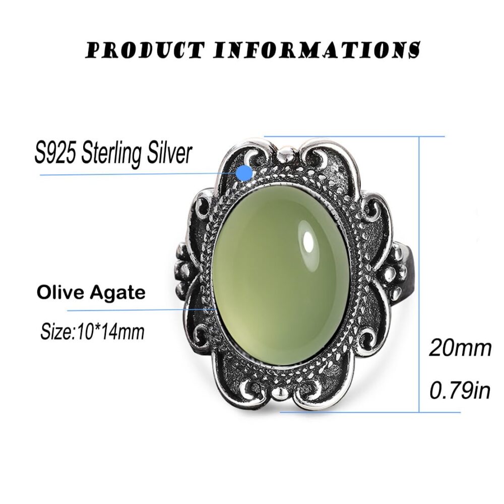 Natural Oval Olive Green Agate Stone Ring,Retro S925 Sterling Silver Real Genuine Crystal Quartz Gemstone Wide Chunky Boho Bohemian Statement Ring for Women Her (B_Olive Agate, 10) - Image 6