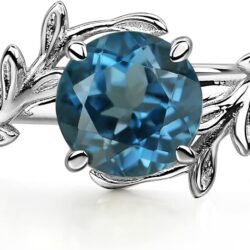 LUO Round Shaped 7 MM Gemstone Ring Leaf Promise Ring 925 Sterling Silver Birthstone Ring for Women