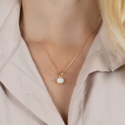 White Opal Pendant Necklace for Women in 14k Yellow Gold Plated on 925 Sterling Silver - October Birthstone 8mm Round Cut Gemstone - Vintage Handmade Crown Style Silver Mount on a Gold Plate Chain - Image 3