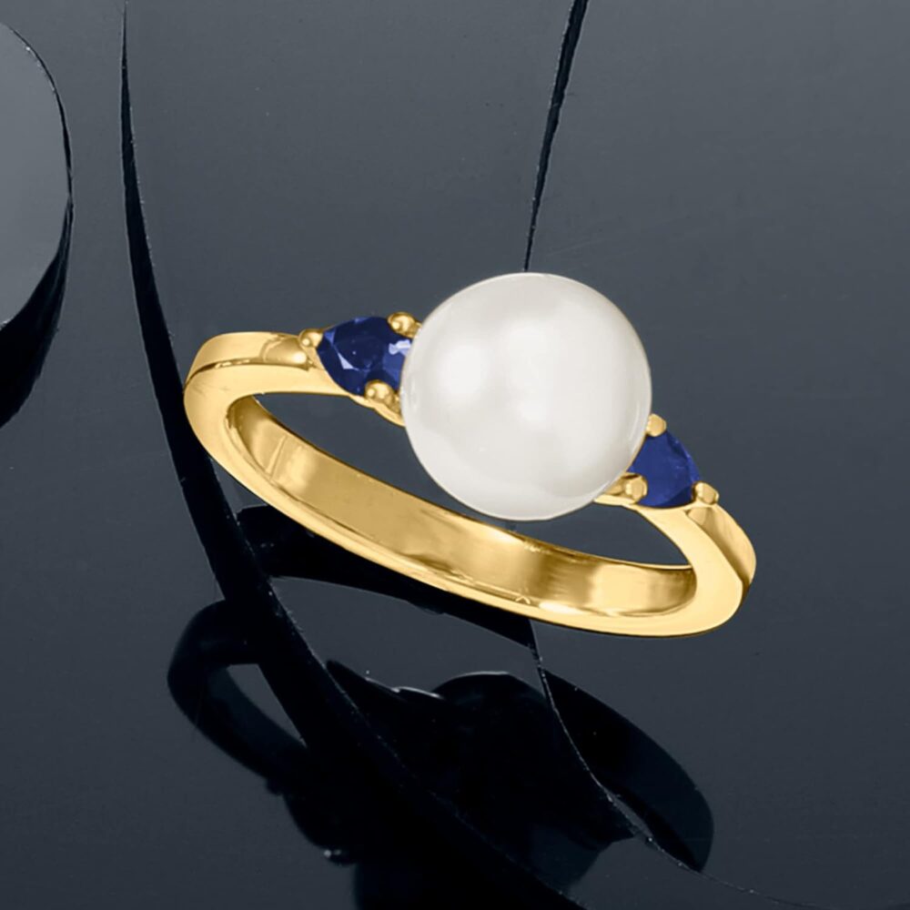 Ross-Simons 8mm Cultured Pearl and .30 ct. t.w. Sapphire Ring in 18kt Gold Over Sterling - Image 4