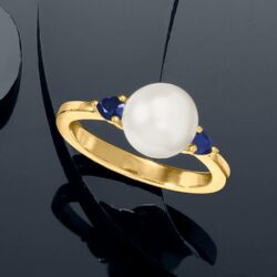 Ross-Simons 8mm Cultured Pearl and .30 ct. t.w. Sapphire Ring in 18kt Gold Over Sterling - Image 4