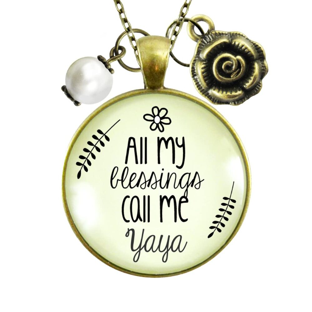 Yaya Necklace All My Blessings Greek Grandma Jewelry For Women From Grandchildren 24" Chain - Handmade Ya-Ya Theme Vintage Pendant, Bronze Rose Charm, Gift Packaged Grandmother Message Card & Box