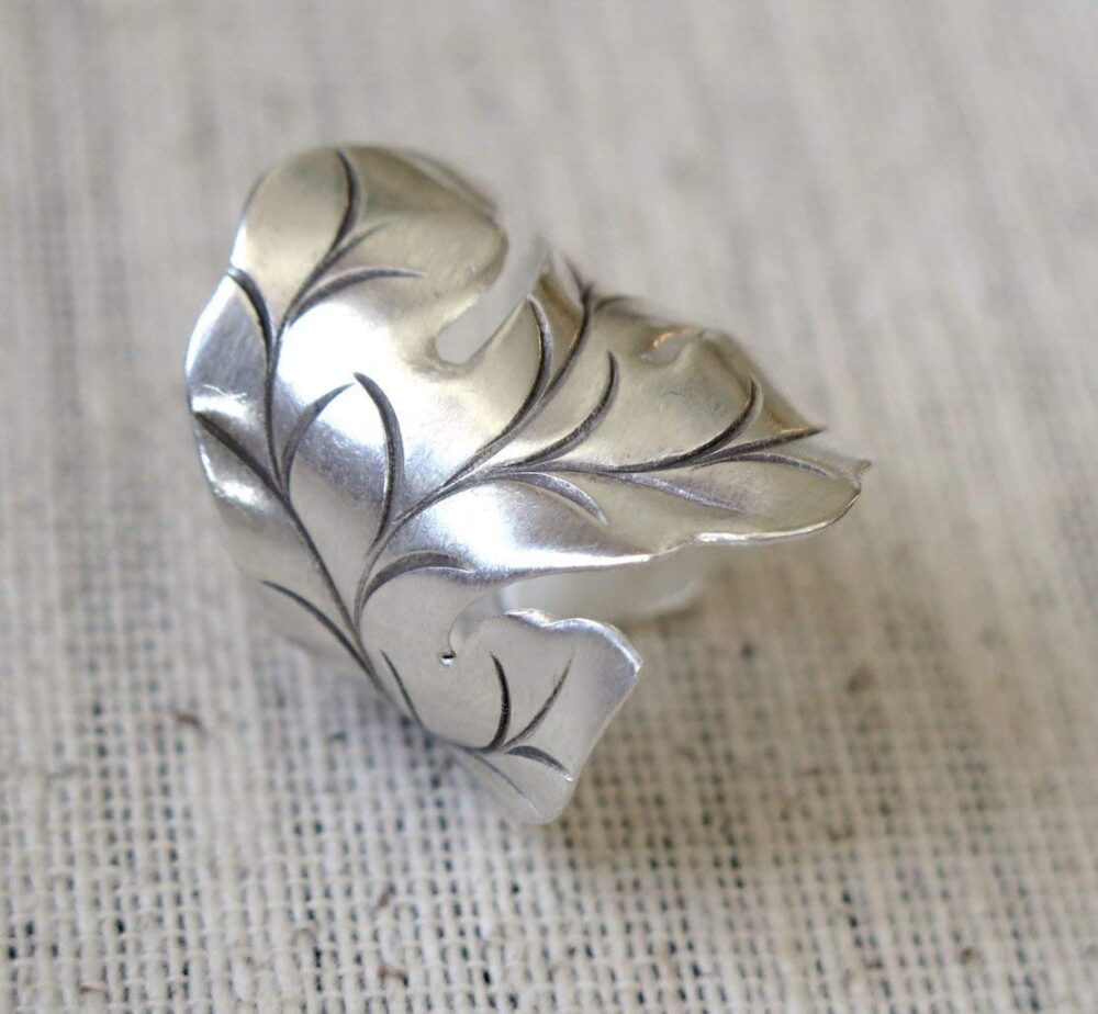 Sterling Silver Handmade Large Nature Boho Leaf Statement Wide Ring Adjustable Wrap to Sizes 6 to 11 also as Thumb Ring - Image 8